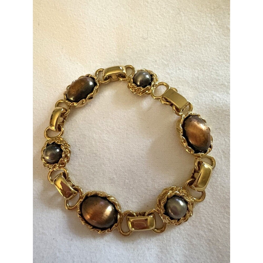 Vintage Gold Tone Bracelet Brown Gray Cabochon Link Bracelet